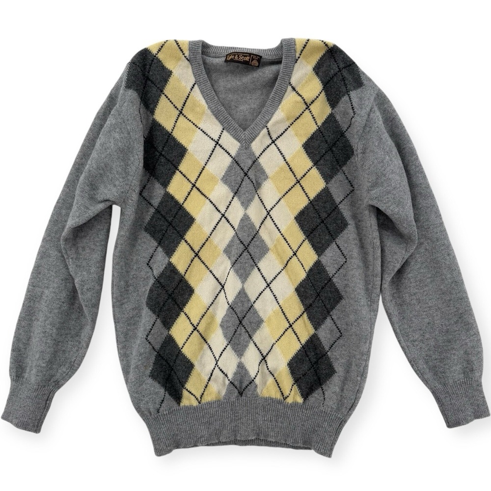 Lyle & Scott Argyle Sweater Womens Small Gray‎ Lambswool V Neck Classic Scotland
